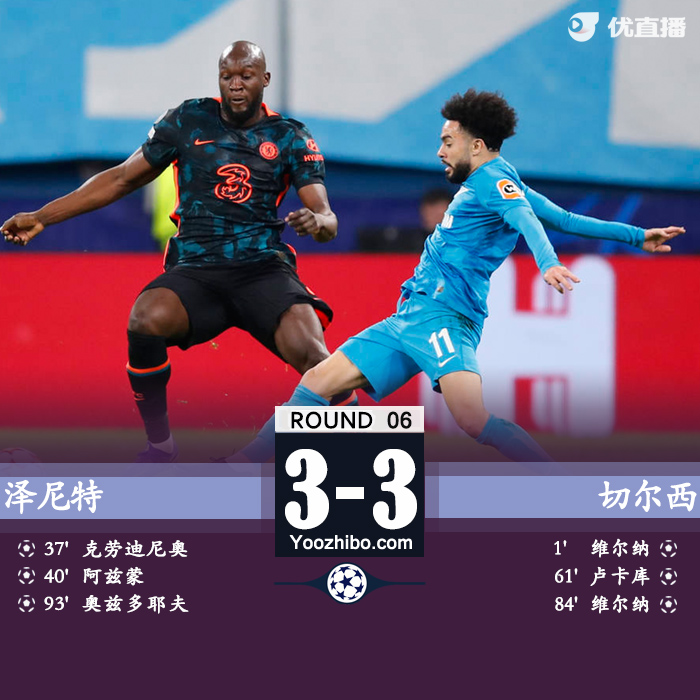 切尔西3-3泽尼特 维尔纳2射1传卢卡库建功
